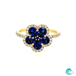 18KY Blue Sapphire & Diamond Flower Ring