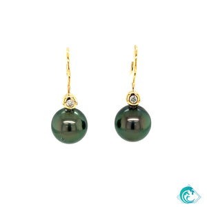 18KY Tahitian Pearl Bezel Diamond Earrings