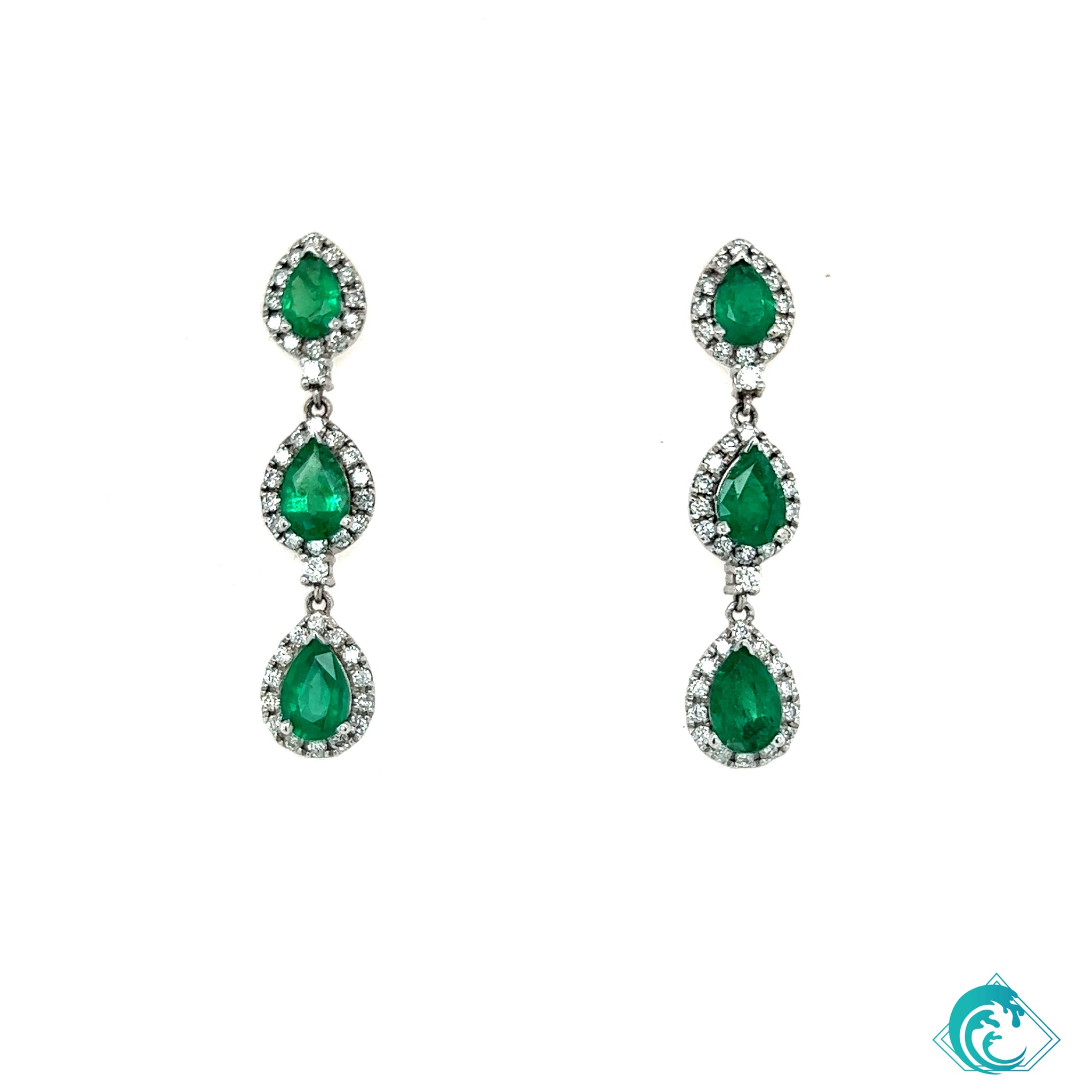 14K WG Columbian Emerald Diamond Dangle Earrings