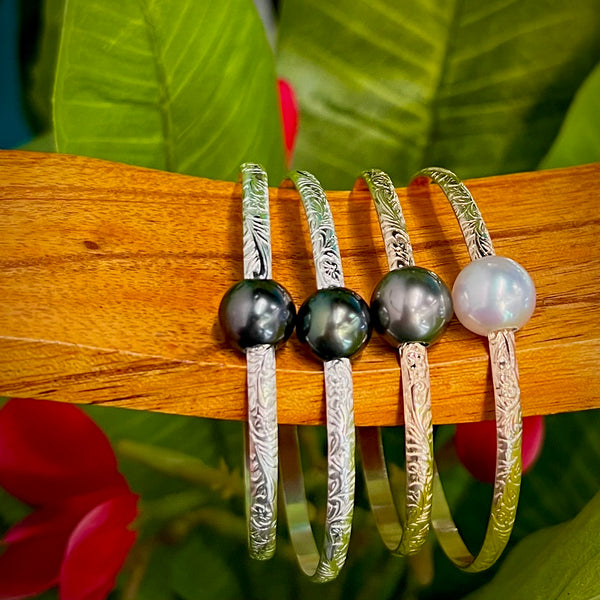Sterling Tahitian Pearl Hawaiian Heirloom Bangle