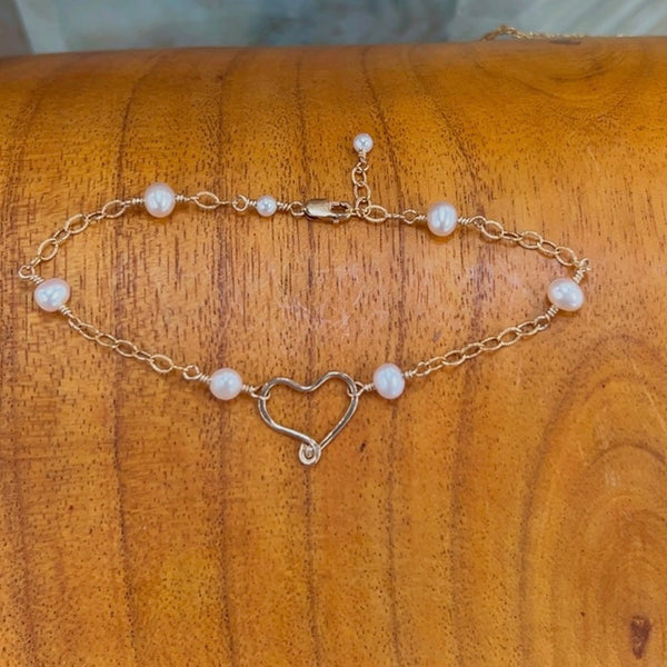 Gold Filled White Pearl Heart Bracelet