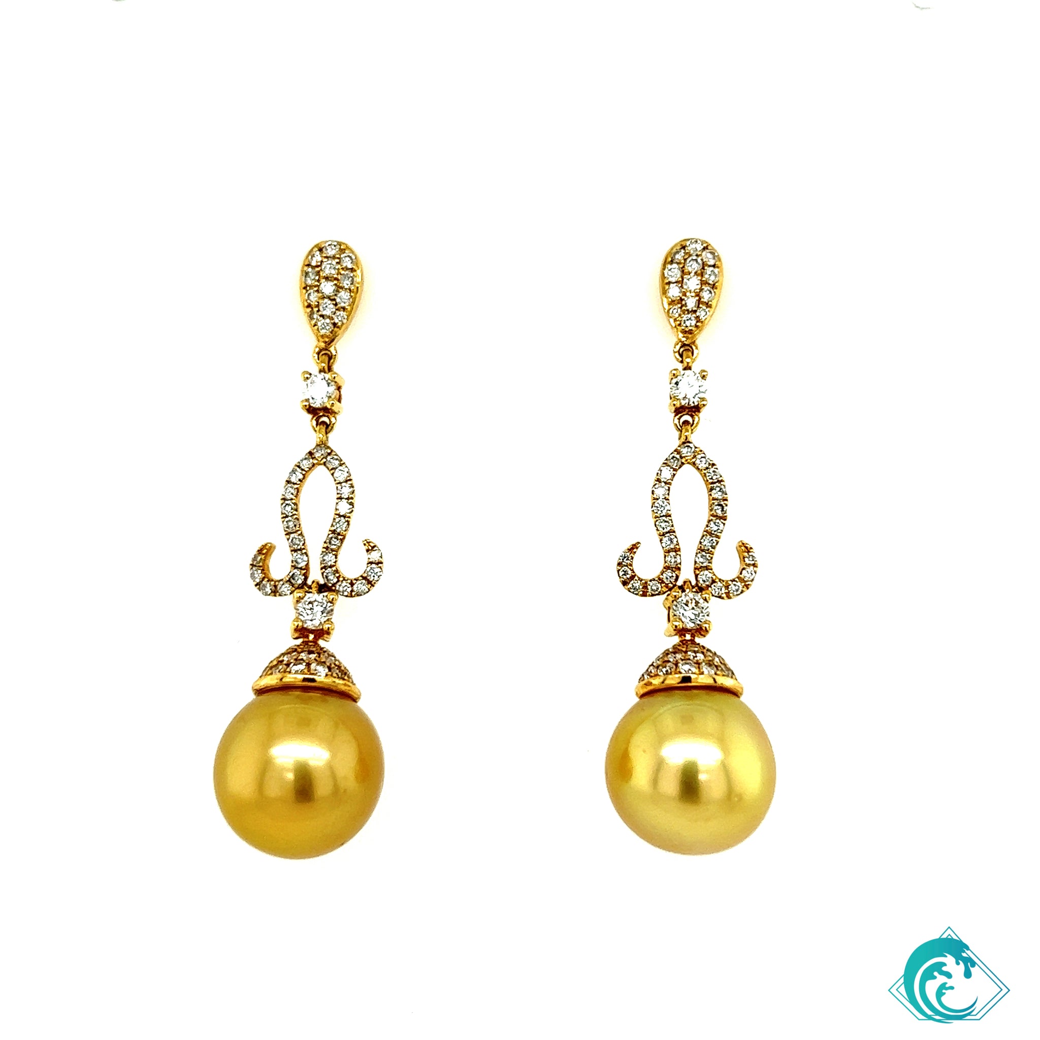 18KY Royal Golden Indonesian Pearl Diamond Earrings