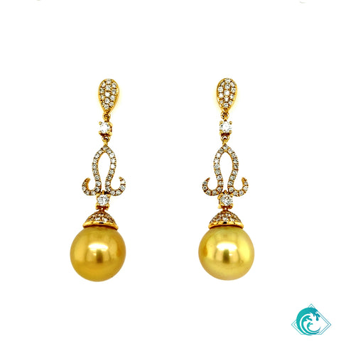18KY Royal Golden Indonesian Pearl Diamond Earrings