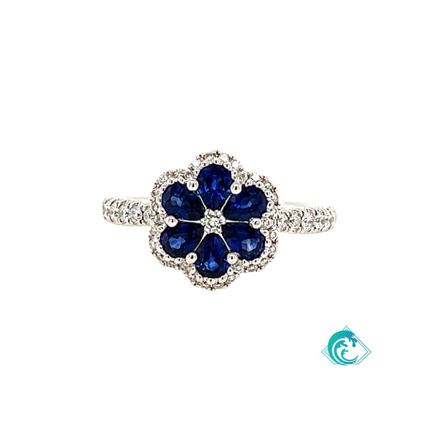 18KW Blue Sapphire Diamond Flower Ring