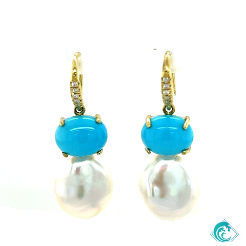 18KY Turquoise & Baroque Freshwater Pearl Earrings