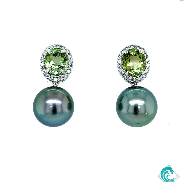 18K WG Tahitian Pearl & Green Tourmaline Diamond Earrings
