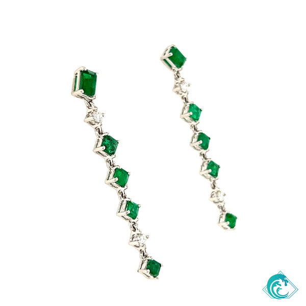 18KW Zambian Emerald Diamond Dangle Earrings