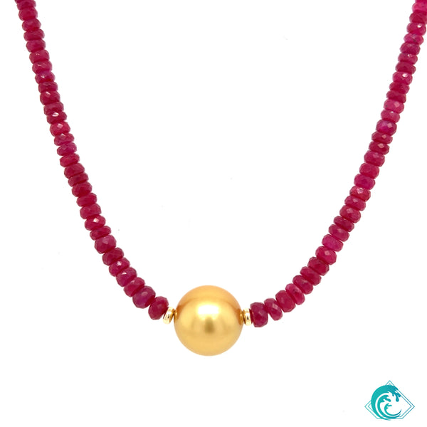 14K Natural Ruby & Golden Indonesian Pearl Necklace