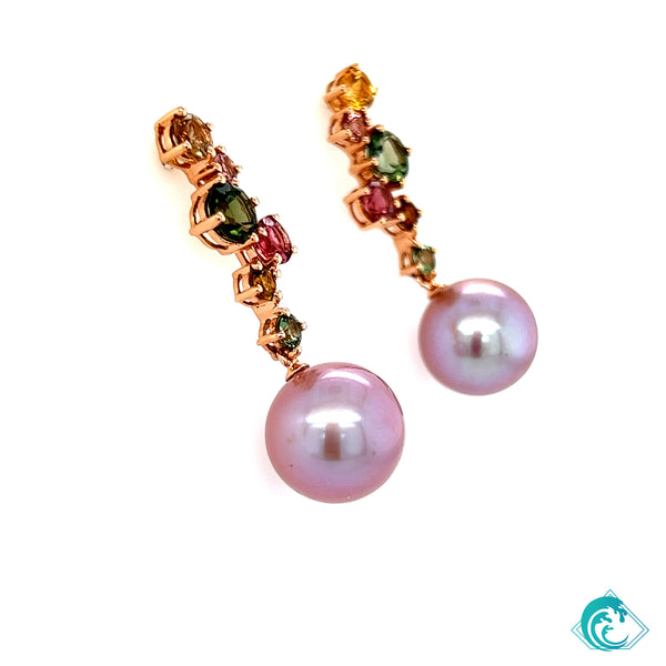 18KR Pink Freshwater Pearl & Tourmaline Earrings