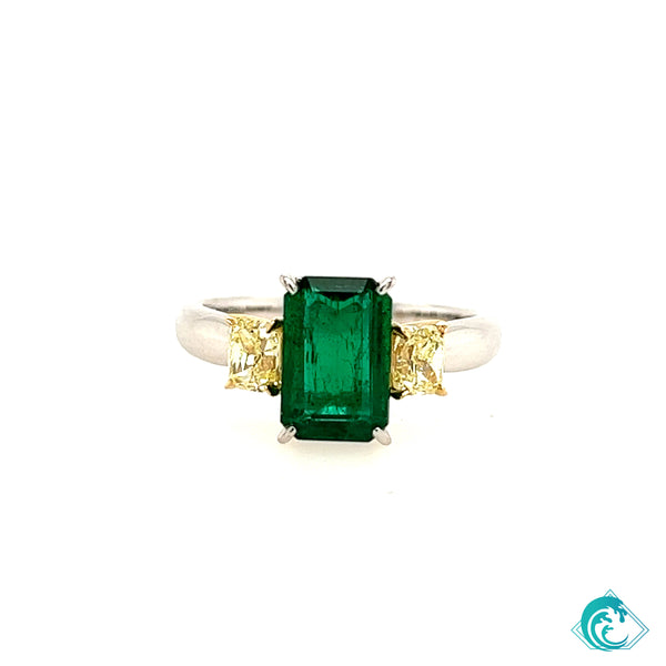 18K Two Tone Emerald & Yellow Diamond Ring