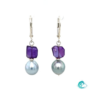 Sterling Tahitian Pearl & Amethyst Earrings