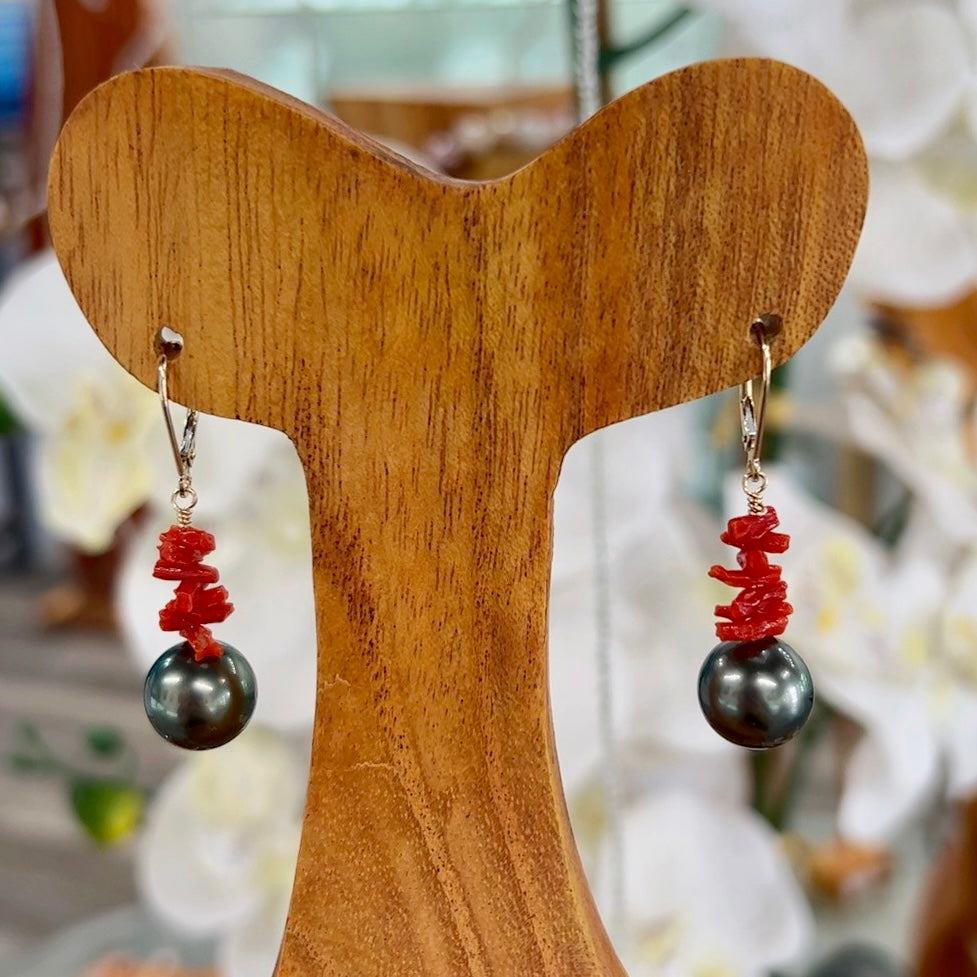 14KY Red Coral & Tahitian Pearl Reef Earrings