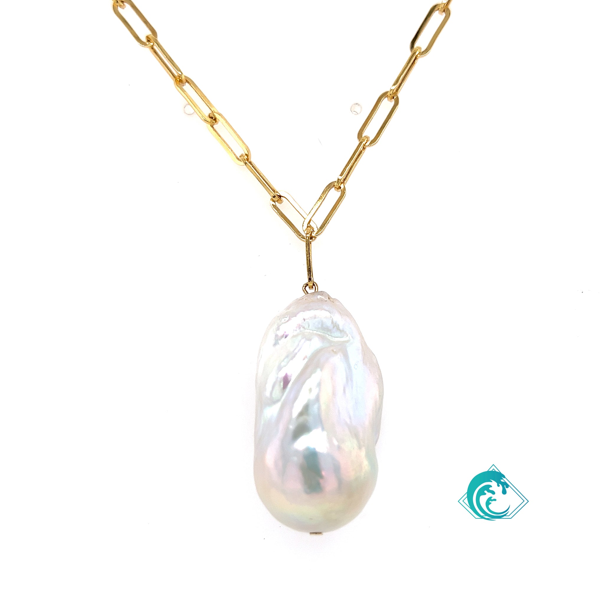 14KY Paperclip Chain & Baroque Pearl Pendant