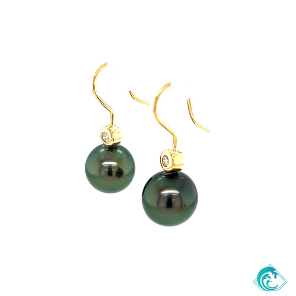 18KY Tahitian Pearl Bezel Diamond Earrings