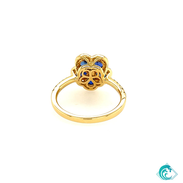 18KY Blue Sapphire & Diamond Flower Ring