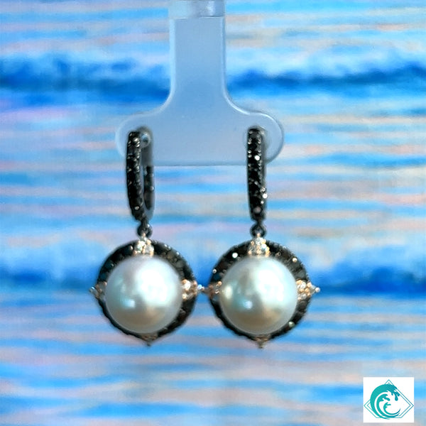18K WG South Sea Australian Pearl & Black Diamond Earrings