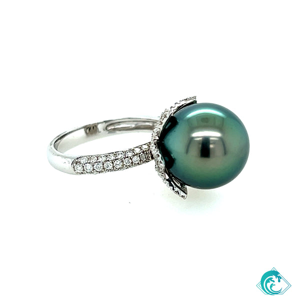 18K WG Tahitian Pearl & Diamond Ring
