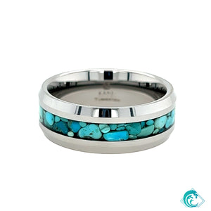 8mm Tungsten Beveled Edge High Polish Blue Turquoise Inlay Band
