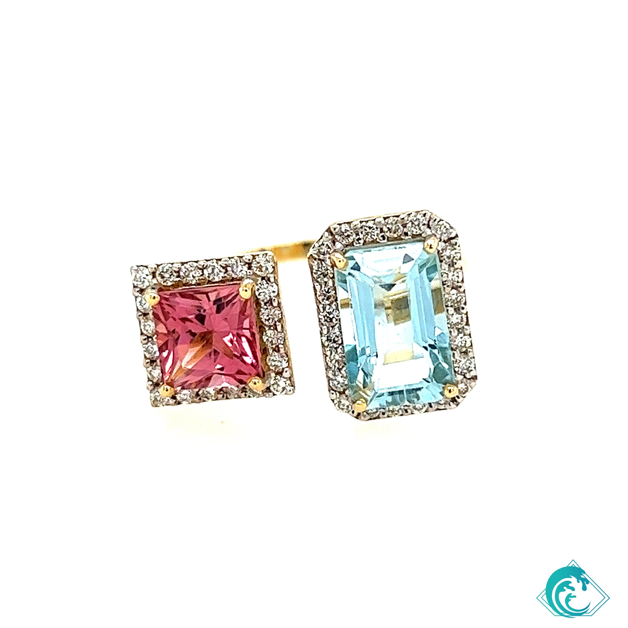14KY Pink Tourmaline & Aquamarine Diamond Ring