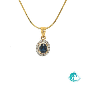 14KY Blue Oval Sapphire Diamond Pendant