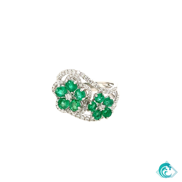 18K Emerald Double Flower Diamond Ring