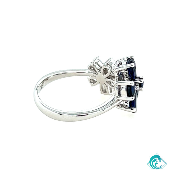 18KW Blue Sapphire & Diamond Floral Ring