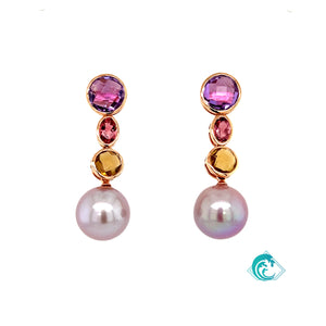 18KR Freshwater Pearl & Multi Gemstone Earrings