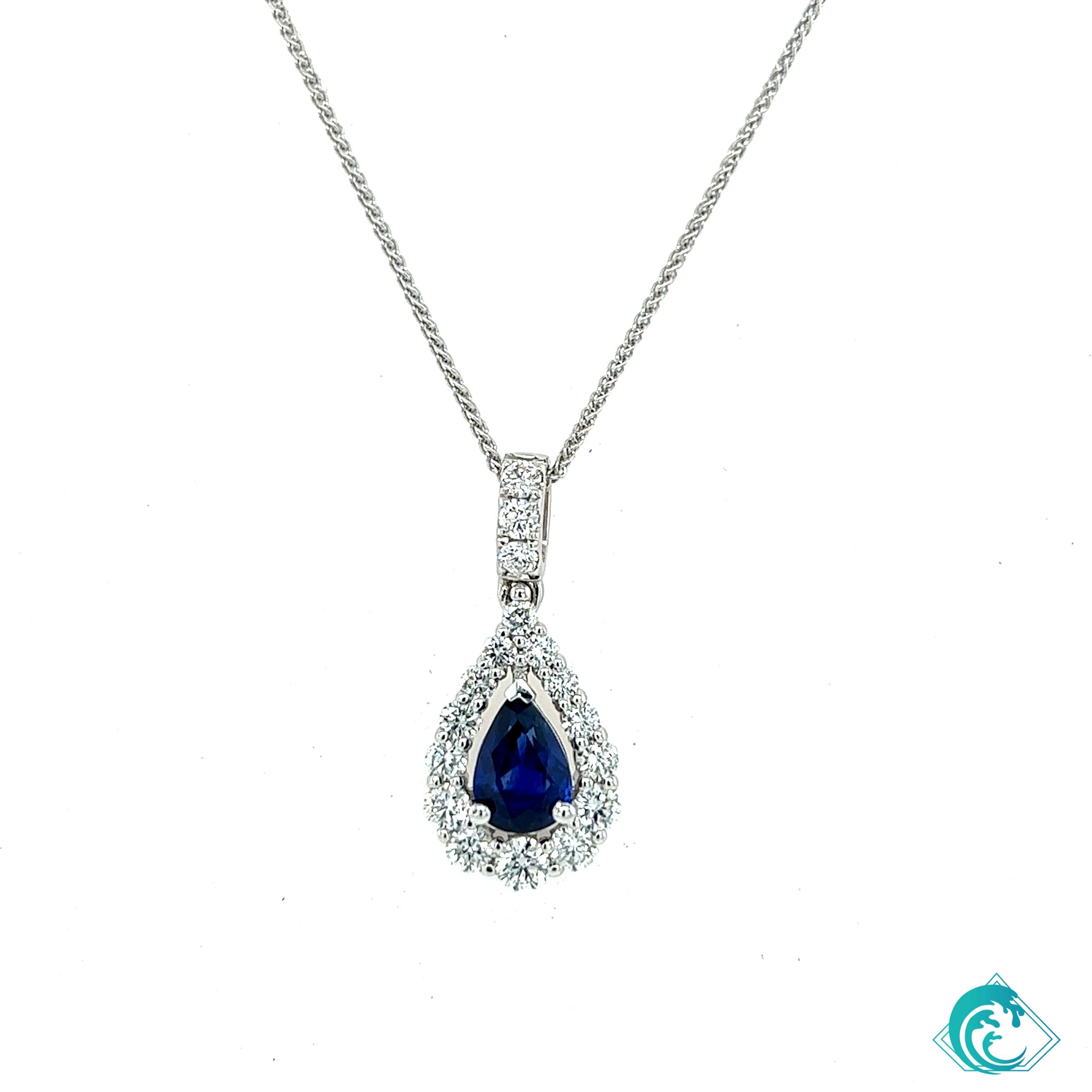 18K WG Blue Sapphire Diamond Drop Pendant